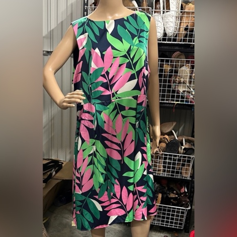 NWT Punt Roma pink and green Tropical Leaf Print Sleeveless Midi Dress size 16